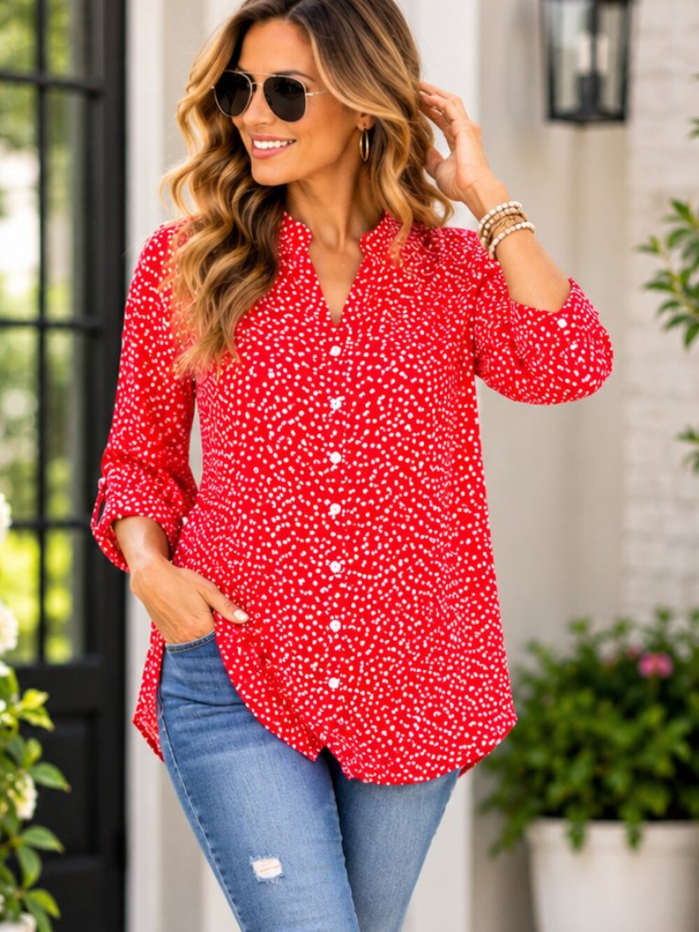 Red Floral Print Button Front Tunic Blouse White Medium